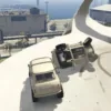 FiveM vehicle crash stunt on rooftop map with two cars