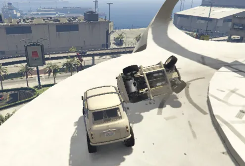FiveM vehicle crash stunt on rooftop map with two cars