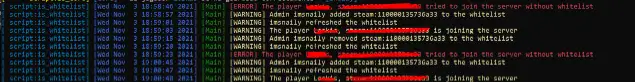 Console log screenshot showing ESX Advanced Whitelist System managing Steam ID entries and access control on a FiveM server.