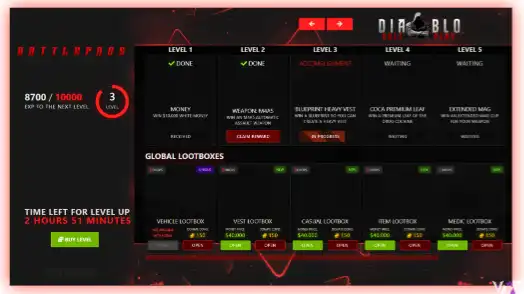 FiveM ESX Battlepass system with level progression, rewards, and loot boxes.
