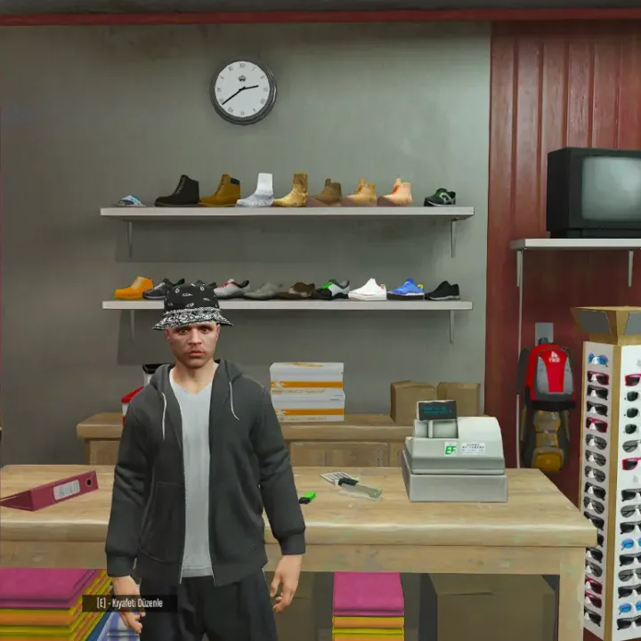 FiveM character in clothing store with sneakers and apparel.