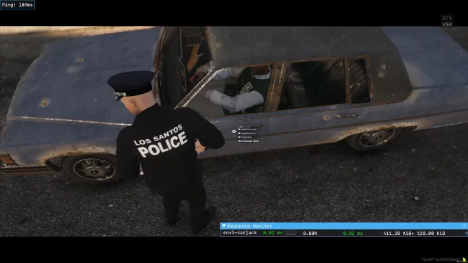 FiveM police officer interacting with a suspect during a carjacking event using ESX carjack script.