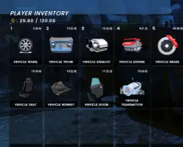 In-game screenshot of ESX Carbuilder Job Script showing detailed vehicle parts inventory including wheels, engine, exhaust, and more.