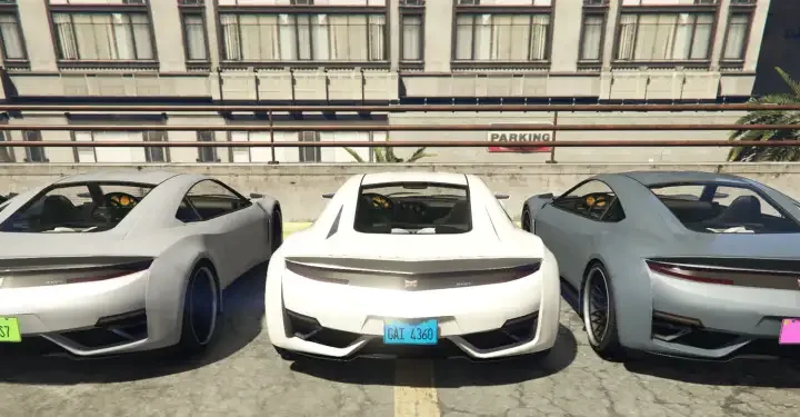 Screenshot of multiple sports cars with colored custom license plates using the ESX Custom License Plates and Patterns Script in FiveM.