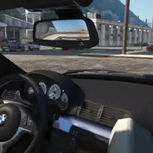 Interior view of a BMW in FiveM using ESX Disable Seat Shuffling Script to prevent automatic seat switching.