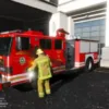 Firefighter using ESX Fire Hydrants Script to interact with a fire truck and hydrant system in FiveM roleplay.