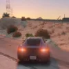 FiveM screenshot of a sports car using ESX Gears Script with gear shifting and speed display on a sandy road.