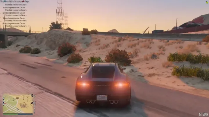 FiveM screenshot of a sports car using ESX Gears Script with gear shifting and speed display on a sandy road.