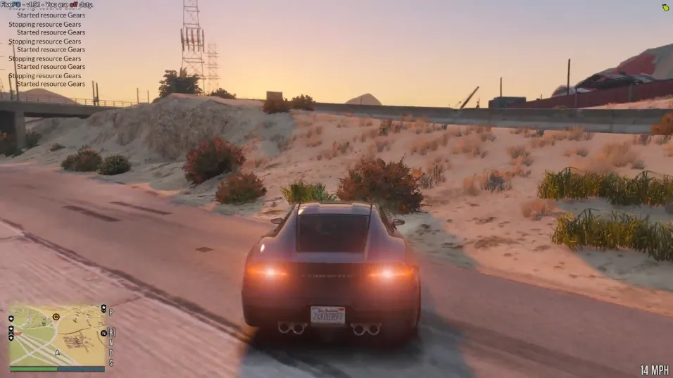 FiveM screenshot of a sports car using ESX Gears Script with gear shifting and speed display on a sandy road.