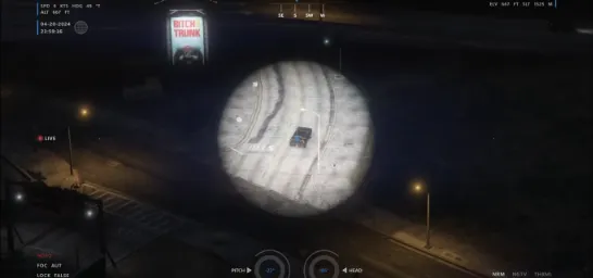 FiveM screenshot of ESX Helicopter Camera Script showing a police helicopter spotlight tracking a vehicle at night.