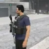 Player in FiveM using ESX Holster Script with a rifle holstered on their tactical vest during a patrol scenario.