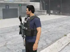 Player in FiveM using ESX Holster Script with a rifle holstered on their tactical vest during a patrol scenario.