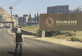 FiveM screenshot showing a player outside Humane Labs using the ESX Humane Labs Security Script for high-security facility roleplay.