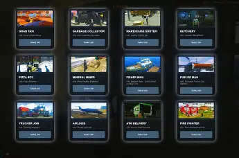 ESX Job Center UI with selectable civilian and public service jobs in FiveM