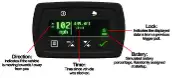 ESX Luxart Pro Laser speed radar interface with speed, direction, battery, and lock indicators.