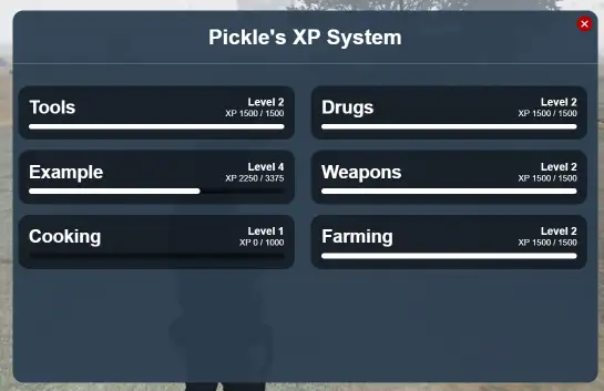 FiveM Esx Multicharacter Identifiers Script UI showing XP levels in drugs, weapons, and farming