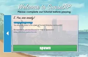 FiveM SunsetRP new player spawn tutorial UI screen with spawn button