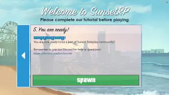 FiveM SunsetRP new player spawn tutorial UI screen with spawn button