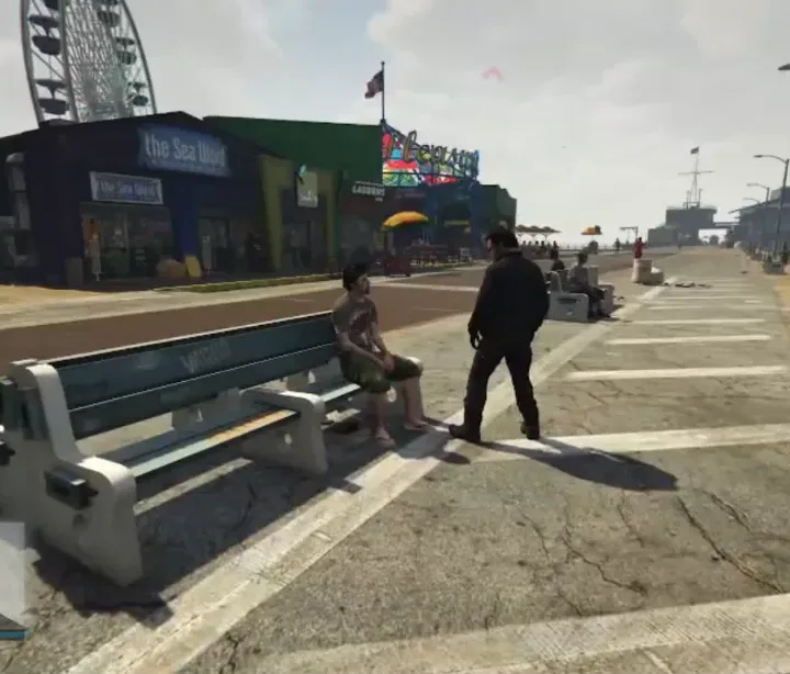 ESX Ped Chat Script showing NPC interaction on boardwalk in FiveM