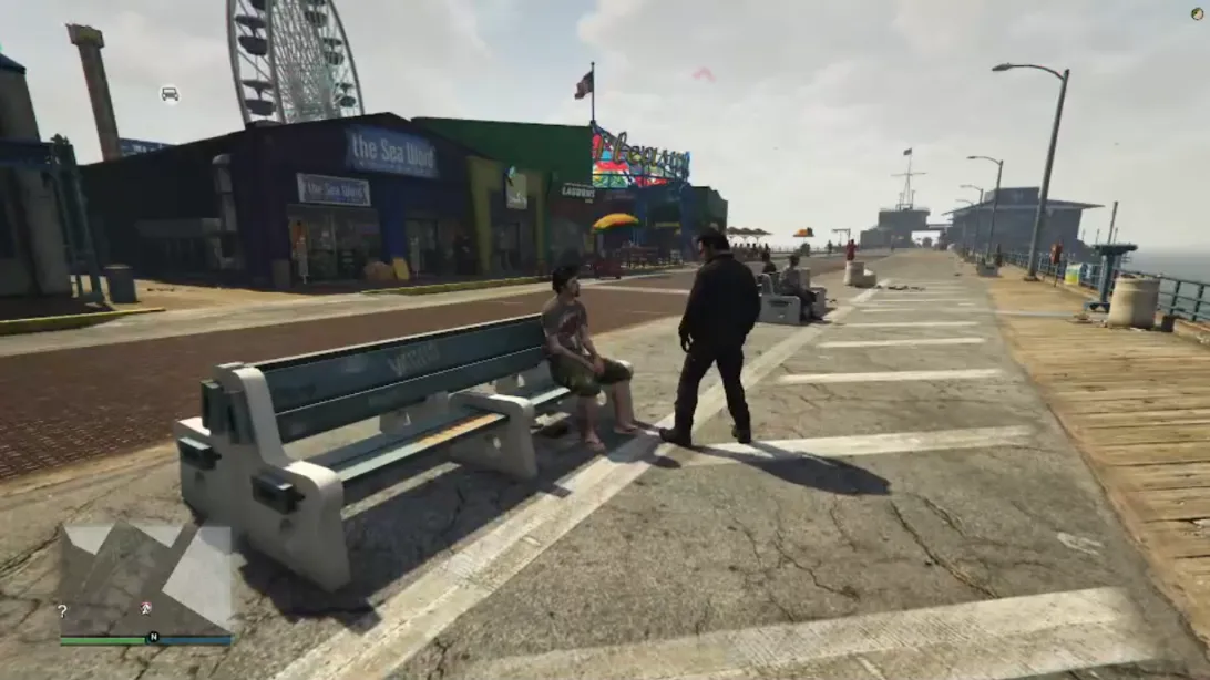 ESX Ped Chat Script showing NPC interaction on boardwalk in FiveM