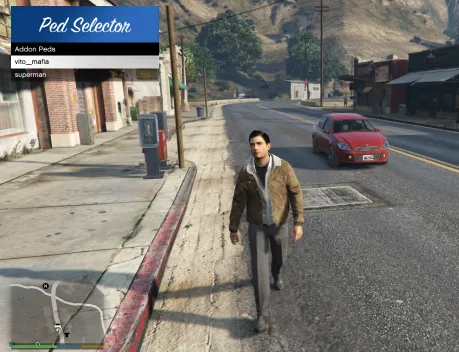 GTA V Ped Selector Mod showcasing Vito Scaletta and Superman character options
