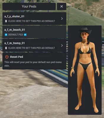 Screenshot of ESX Player Ped Script UI showing character model selection and default skin reset in a FiveM server.