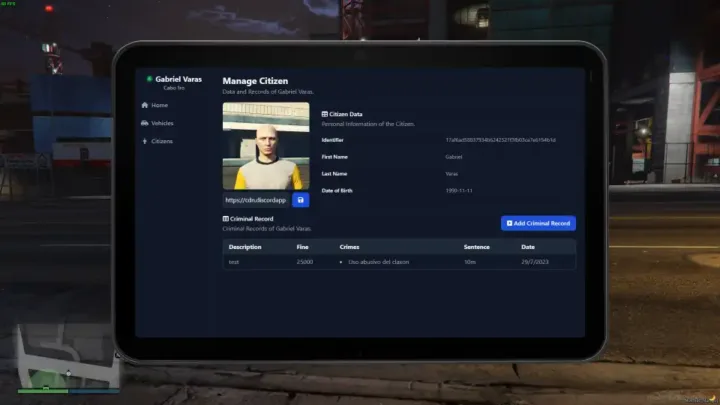 GTA V ESX Police MDT tablet interface for citizen and criminal record management