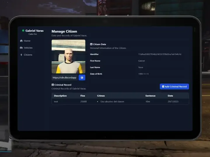 GTA V ESX Police MDT tablet interface for citizen and criminal record management