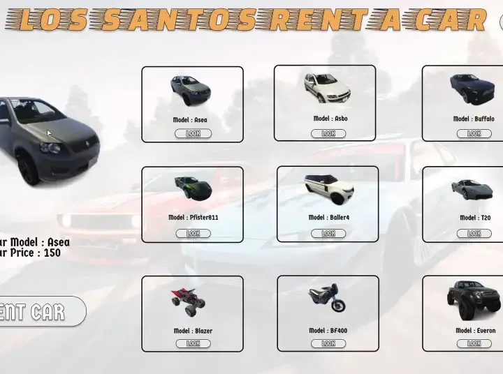 GTA V RP rent-a-car UI using ESX Rent Car Script with multiple vehicle options