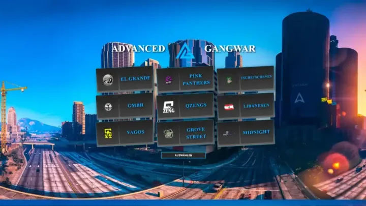 ESX Advanced Gangwar interface allows players to select from a variety of gang war missions and locations, enhancing the FiveM roleplay experience with rich options and dynamic gameplay