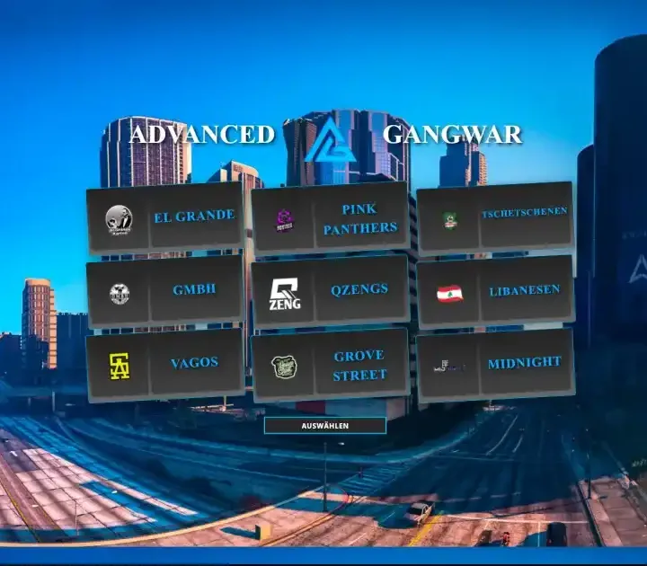 ESX Advanced Gangwar interface allows players to select from a variety of gang war missions and locations, enhancing the FiveM roleplay experience with rich options and dynamic gameplay