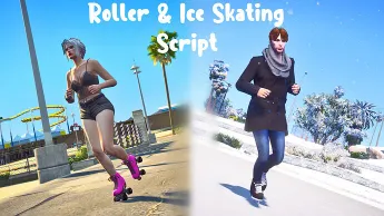 GTA V RP roller and ice skating script featuring two characters skating in different environments.
