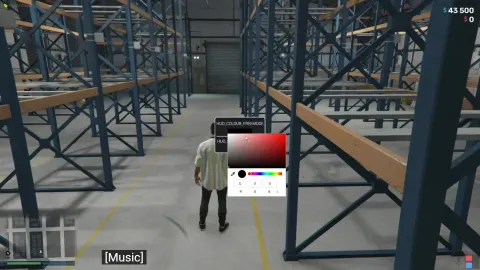 Player customizing UI color using ESX Theme Selector Script inside a warehouse in FiveM.