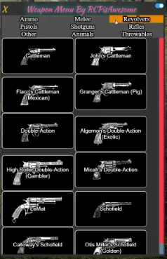 ESX weapon trainer menu with categorized gun selection and icon grid