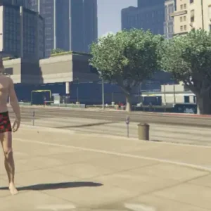 FiveM screenshot of a player using the ESX Transport Script while waiting for city transport in an urban roleplay setting.