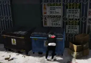 Player scavenges a dumpster using the ESX Trash Hunt Script in GTA RP.