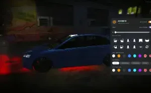 FiveM ESX vehicle customization UI with stance, neon, and visual tuning options.
