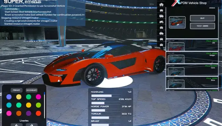 In-game screenshot of a supercar displayed with stats using the ESX Vehicle Image Creator Script in FiveM.