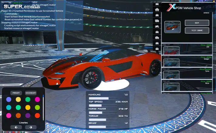 In-game screenshot of a supercar displayed with stats using the ESX Vehicle Image Creator Script in FiveM.