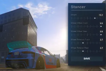 Vehicle tuning UI for stance and wheel adjustments using ESX Vehicle Kits Script
