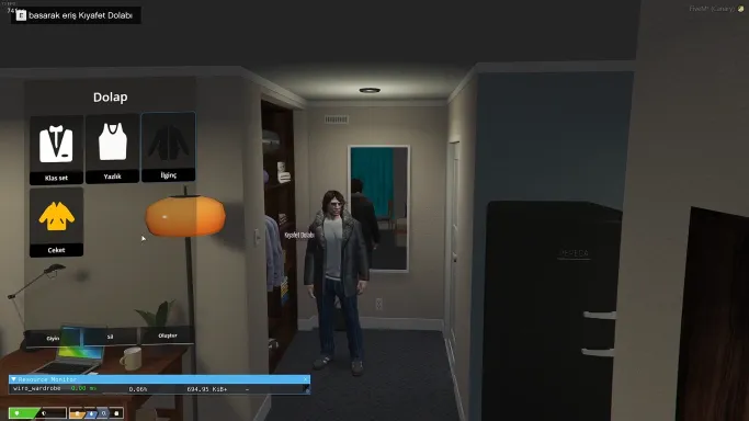 ESX Wardrobe Script interface in FiveM apartment with clothing selection UI