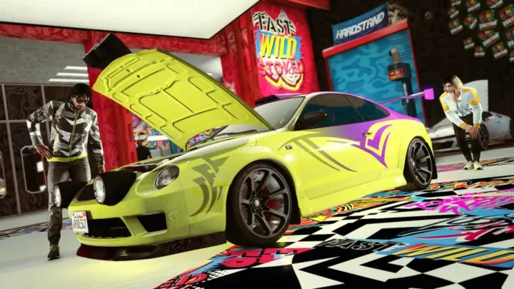 GTA V RP illegal car tuning garage with modified sports car and neon visuals