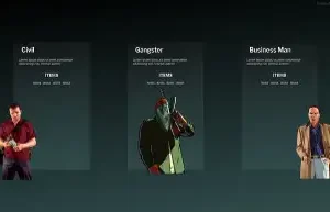 ESX lifestyle selection screen showing Civilian, Gangster, and Businessman character roles with descriptions and images.