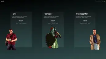 ESX lifestyle selection screen showing Civilian, Gangster, and Businessman character roles with descriptions and images.