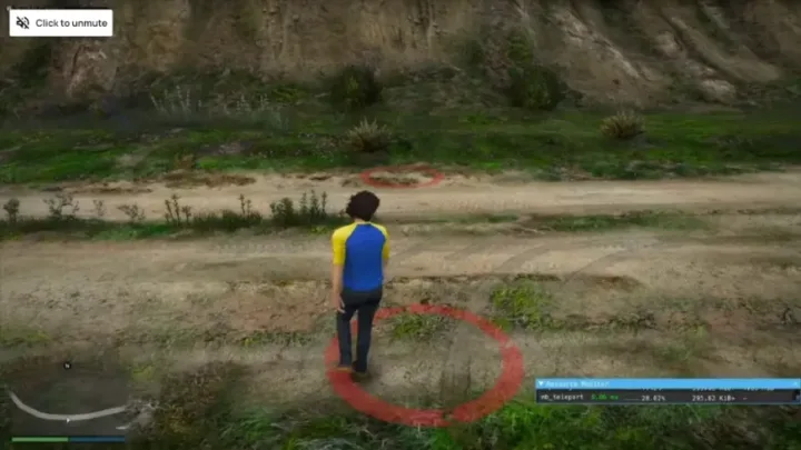Screenshot of a player using ESX Teleport Script in FiveM, standing on a red teleportation marker in a rural area.
