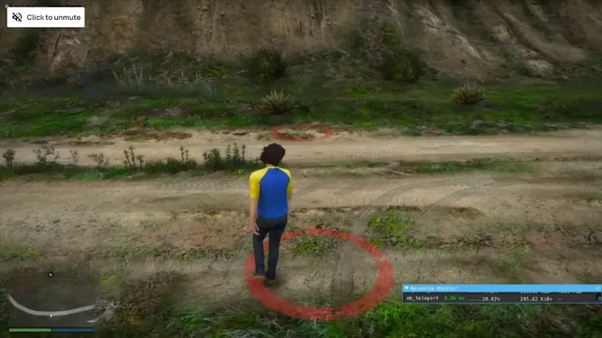 Screenshot of a player using ESX Teleport Script in FiveM, standing on a red teleportation marker in a rural area.