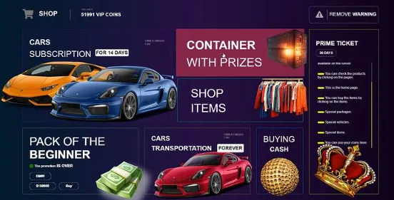 FiveM ESX VIP system shop UI with vehicle subscription, in-game currency, prize containers, and exclusive rewards