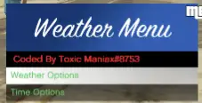 In-game screenshot of the ESX Weather Menu Script showing weather and time control options in a FiveM environment.