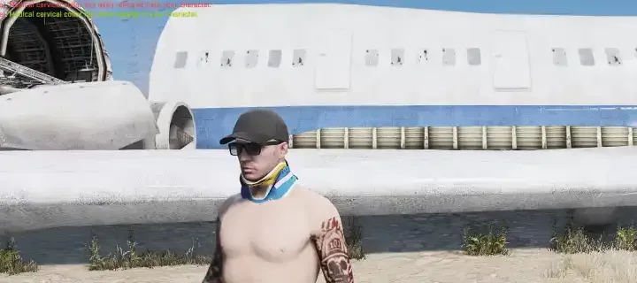 FiveM character with a cervical collar near a crashed airplane.