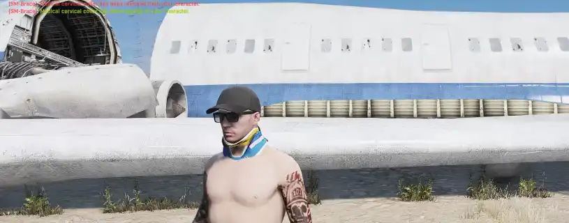 FiveM character with a cervical collar near a crashed airplane.